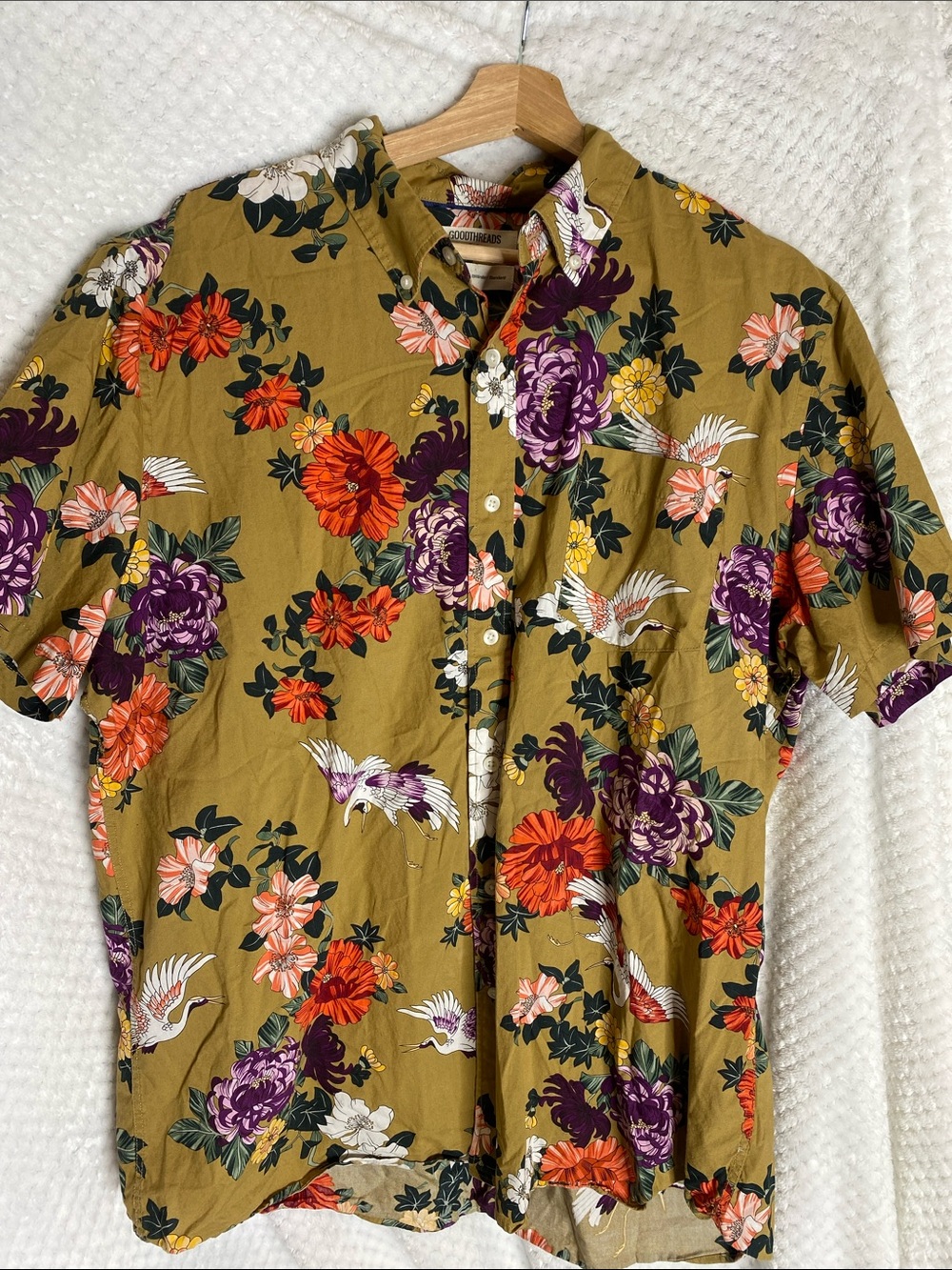 Goodthreads Poplin Short Sleeve Floral Burds Print Button Up Shirt